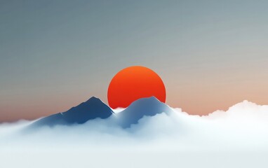 Poster - Serene sunset over a misty mountain range.  The large, orange sun dominates the horizon, casting a warm glow on the blue mountains peeking through the clouds. Minimalist digital art style