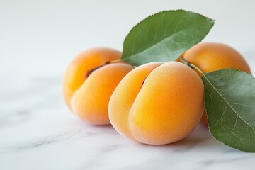 Poster - Fresh apricots with green leaves arranged on a marble surface in bright natural light during early summer