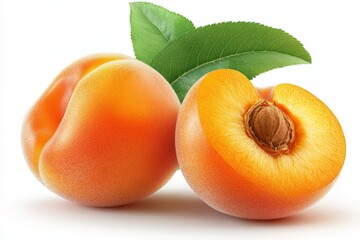 Poster - Fresh apricots with vibrant orange color and green leaves arranged on a white background