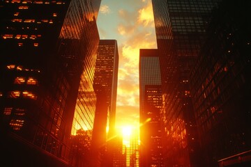 Poster - Stunning sunset between skyscrapers illuminating the city skyline in the evening
