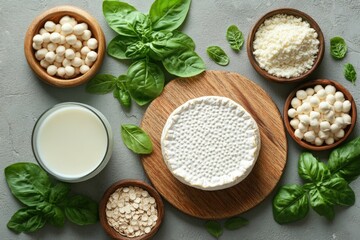 Aufkleber - Fresh dairy and herbs arranged beautifully on a wooden board, showcasing various cheese types and fresh basil on a textured gray surface