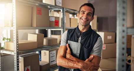 Aufkleber - Portrait, inventory and man with arms crossed, boxes and smile with supply chain, ecommerce and warehouse. Logistics, person and employee with storage, distribution center and delivery with tablet