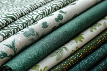 Aufkleber - Luxurious collection of green patterned fabrics displayed in a textile store