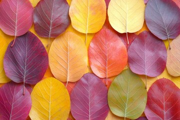 Aufkleber - Colorful autumn leaves arranged in a beautiful pattern showcasing vibrant hues of red, yellow, and purple during fall season