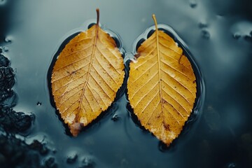 Poster - Autumn leaves floating in a puddle after rain in a serene outdoor setting