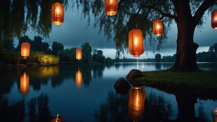 Aufkleber - A serene lakeside scene illuminated by glowing lanterns hanging from a tree, reflecting in the water.