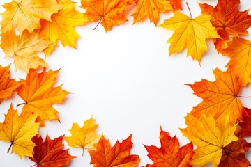 Aufkleber - Fall foliage creates a vibrant frame of colorful leaves in warm shades of yellow, orange, and red on a white background