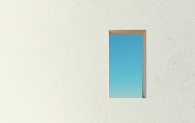 Poster - A light blue rectangular window in a textured off-white wall. The sky is visible through the opening, providing a contrast of textures and colors