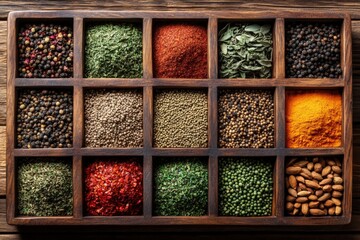 Poster - Colorful assortment of spices displayed in a wooden tray for culinary inspiration and flavor enhancement