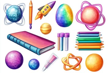 Poster - Colorful space-themed stationery and art supplies arranged creatively on a white background