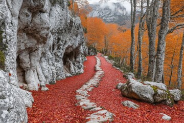Poster - Vibrant autumn landscape featuring a winding path through colorful foliage in a serene forest