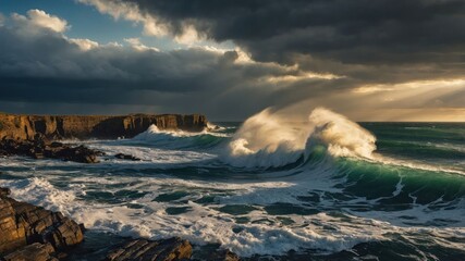 Poster - A dramatic seascape with crashing waves against rocky cliffs under a moody sky.