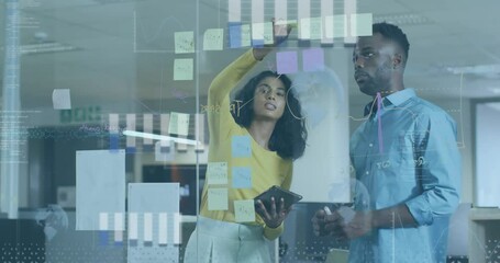 Poster - Collaborating on project, colleagues using digital graphs and sticky notes in office