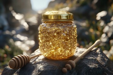 Aufkleber - Golden jar of honey placed on stone outdoors surrounded by nature in soft sunlight