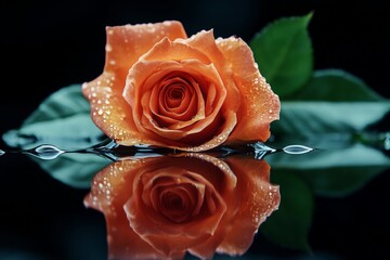 Poster - Orange rose with raindrops reflecting on water against a dark background