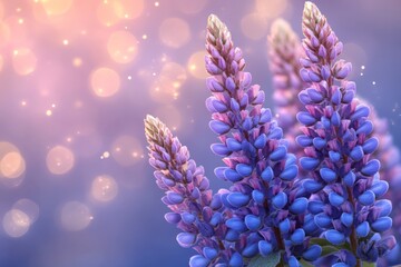 Poster - Vibrant purple lupines bloom under soft bokeh lights during a serene spring afternoon in a garden setting