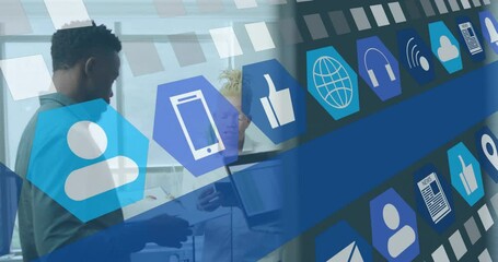 Poster - Using animation, business professionals interacting with digital icons and technology