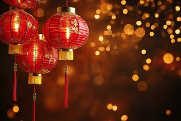 Poster - Bright red lanterns illuminate the background with golden bokeh during a festive celebration at night