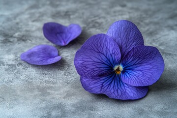 Poster - Purple violet flower on textured surface with nearby petals creates a serene atmosphere in a softly lit setting