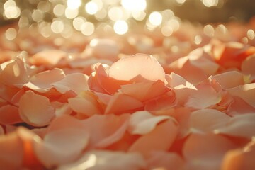 Poster - Soft peach rose petals blanket a surface illuminated by warm sunlight during a serene moment in nature