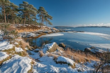 Poster - Beautiful winter landscape with frozen water and snow-covered rocks by the coast on a sunny day