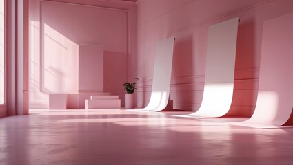 Poster - modern art studio featuring pink walls and natural light illuminating white backdrops in a serene se