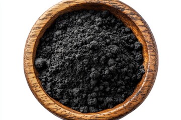 Poster - Natural charcoal powder in a wooden bowl displayed against a white background