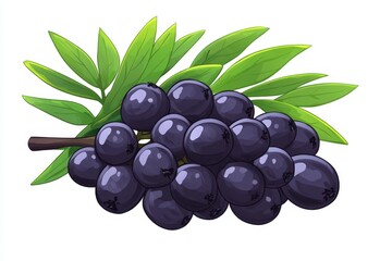 Aufkleber - Black grapes with green leaves arranged beautifully on a white background