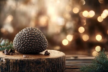 Poster - Beautifully textured pinecone resting on wooden surface with warm bokeh background