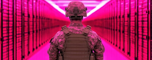 Poster - Soldier Walking Down Pink Corridor Futuristic Military Technology Data Center Server Room