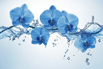 Poster - Blue orchids submerged in water creating a captivating splash at a serene setting