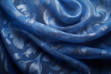 Aufkleber - Elegant blue fabric with intricate floral patterns showcases craftsmanship and texture in a close-up view