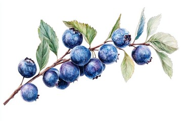 Poster - Freshly picked blueberries on a branch with green leaves against a plain background during harvest season