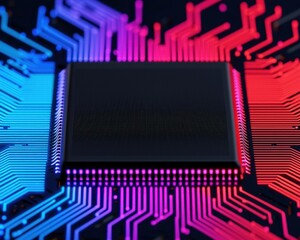 Fototapete - Close up View of a Modern Microchip Circuit Board with Neon Lights High Tech Digital Technology Background