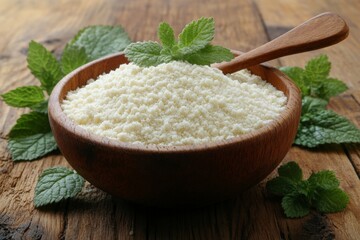 Poster - Homemade mozzarella cheese preparation with fresh mint leaves in a wooden bowl on a rustic table