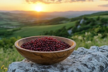Poster - Sunset view of a wooden bowl filled with red seeds on a rocky ledge overlooking lush green fields