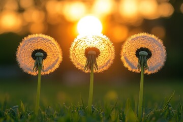 Poster - Dandelion heads illuminated by sunrise glow over grassy field in early morning tranquility
