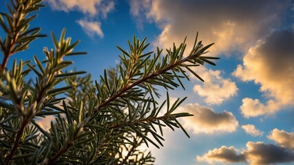 Poster - A close-up of a pine branch against a vibrant sky filled with clouds at sunset.