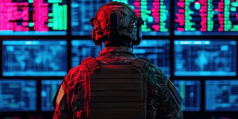 Poster - Soldier in Military Uniform Observing Data on Multiple Monitors in a Command Center