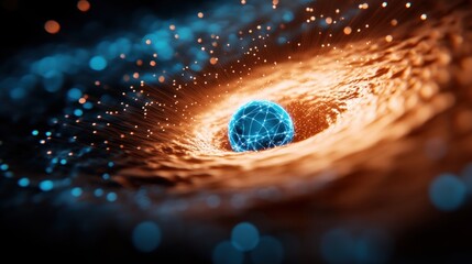 Aufkleber - Abstract Digital Globe Network in a swirling Orange and Blue Vortex Futuristic Technology Concept