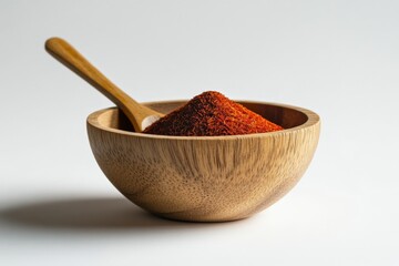 Poster - Bowl filled with vibrant red spice and wooden spoon on a neutral background showcasing culinary ingredients
