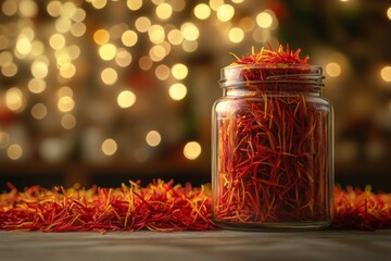 Aufkleber - Bright saffron threads in a glass jar surrounded by warm, soft background lights during an indoor market event