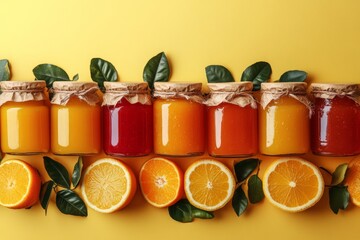 Aufkleber - Colorful variety of homemade fruit jams displayed with fresh oranges on a bright yellow background