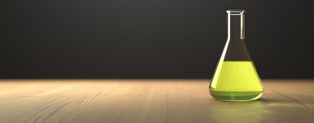 Poster - A single Erlenmeyer flask containing a vibrant lime green liquid sits on a light wood surface against a dark background