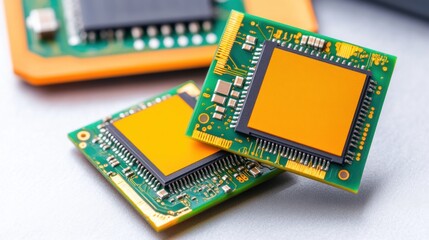 Fototapete - Close up view of two modern microchips on a circuit board showcasing intricate electronic components and gold connectors