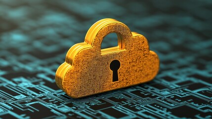 Poster - Secure Cloud Storage with Golden Padlock Symbolizing Data Protection on Circuit Board Network offering Privacy