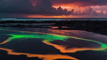 Aufkleber - A vibrant sunset over a beach with glowing patterns in the sand and dramatic clouds.