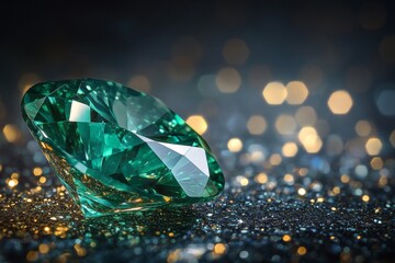 Aufkleber - Brilliant green gemstone rests on a shimmering surface reflecting light at an elegant event