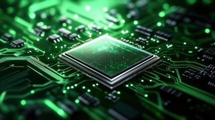 Fototapete - Close up view of a central processing unit CPU on a circuit board glowing green technology background