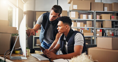 Aufkleber - Logistics, men and computer with tablet for talking, checking stock and inventory research. Teamwork, people and supply chain manager with digital to monitor distribution, point or business in office